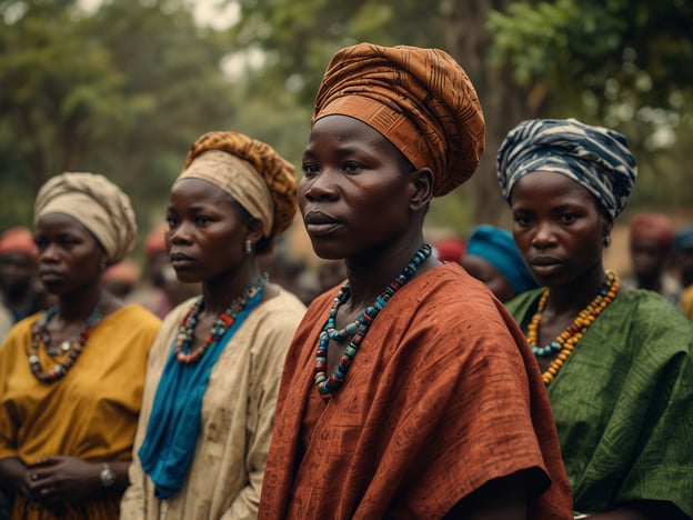 Auf dem Bild sind mehrere Frauen zu sehen, die traditionelle Kleidung tragen und farbenfrohe Kopfbedeckungen haben. Sie befinden sich anscheinend in einer Gemeinschafts- oder Festtagsatmosphäre. Die Frauen schauen ernst und konzentriert, was darauf hindeutet, dass sie an einem wichtigen Ereignis oder einer Zeremonie teilnehmen. Die Verwendung von Schmuck, insbesondere von Perlen, verstärkt die kulturelle Bedeutung und den visuellen Reichtum des Anlasses. Das Bild vermittelt eine Verbindung zur Gemeinschaft und Tradition.