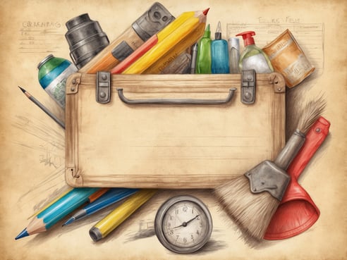 Auf dem Bild ist eine künstlerisch gestaltete Toolbox zu sehen, die mit verschiedenen Schreib- und Malutensilien gefüllt ist. Sie enthält Bleistifte, Farbstifte, Pinsel, Flaschen mit Flüssigkeiten sowie einige Werkzeuge. Vor der Toolbox liegt eine kleine Uhr. Im Hintergrund sind leichte Skizzen zu erkennen, was auf kreative Inhalte hinweist. Der Koffer hat eine neutrale Farbgebung und keine besonderen Verzierungen.