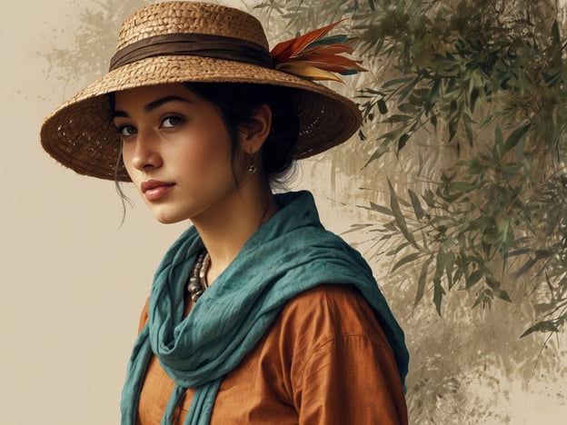 Auf dem Bild ist eine Frau zu sehen, die einen breitkrempigen Hut und einen Schal trägt. Die Kleidung scheint traditionell zu sein, was auf kulturelle Wurzeln hindeutet. Im Hintergrund sind natürliche Elemente wie Pflanzen und Blätter angedeutet, die eine harmonische Verbindung zur Natur herstellen.Diese Darstellung könnte symbolisch für die Verbindung zwischen Menschen und ihrer Umwelt stehen. Kulturelle Begegnungen in der Natur sind oft von Respekt und Wertschätzung geprägt, wobei Traditionen und Stile in Einklang mit der natürlichen Umgebung gebracht werden. Solche Begegnungen fördern das Verständnis und die Anerkennung der verschiedenen kulturellen Hintergründe und deren Beziehung zur Erde.