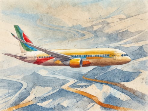 Ein buntes Flugzeug fliegt über eine bergige Landschaft. Der Himmel ist teils bewölkt, und die Wolken wirken leicht und luftig. Die Berge sind in sanften Farben dargestellt, während sich eine kurvenreiche Straße durch das Tal schlängelt. Die Szene vermittelt ein Gefühl von Freiheit und Abenteuer.