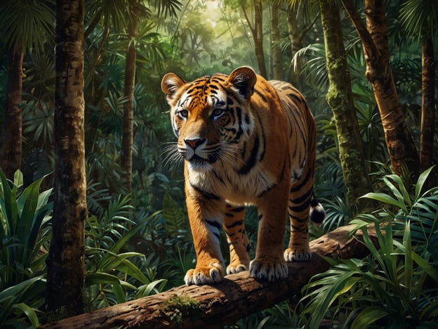 Auf dem Bild ist ein majestätischer Tiger zu sehen, der durch einen üppigen Dschungel schreitet. Die Sonne bricht schimmernd durch das dichte Blätterdach und wirft geheimnisvolle Schatten auf den Boden.In einem Dschungel wie diesem könnte man die intensiven Geräusche der Natur erleben: das Rascheln von Blättern, das Rufen exotischer Vögel und das entfernte Plätschern eines Wasserfalls. Während man auf einem schmalen Pfad wandert, könnte plötzlich der Schatten eines Tigers über einen Baumstamm huschen. Man spürt das Adrenalin, wenn man an der Schönheit und Macht dieses Raubtiers vorbeigeht. Solch eine Begegnung wäre sowohl atemberaubend als auch ehrfurchtgebietend und würde die Magie und Gefahr des Dschungels perfekt verkörpern.