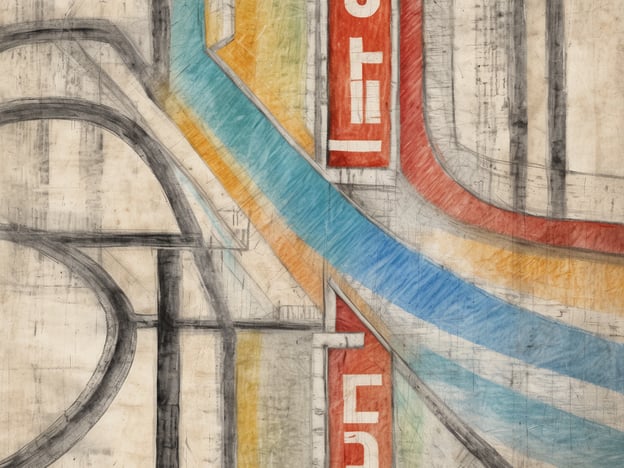 Das Bild zeigt eine abstrakte Darstellung von Straßen- und Verkehrszeichen in verschiedenen Farben. Die Linien sind skizzenhaft angeordnet und stellen Straßennetze dar, während Farbbereiche in Blau, Orange, Rot und Gelb eine dynamische Bewegung suggerieren. Im Hintergrund sind verwischte Details zu erkennen, die an Asphalt oder eine verwitterte Fläche erinnern. Die Anordnung könnte symbolisch für die Geschwindigkeitsregelungen in den USA stehen, die je nach Zustand der Straße und Umgebung variieren.