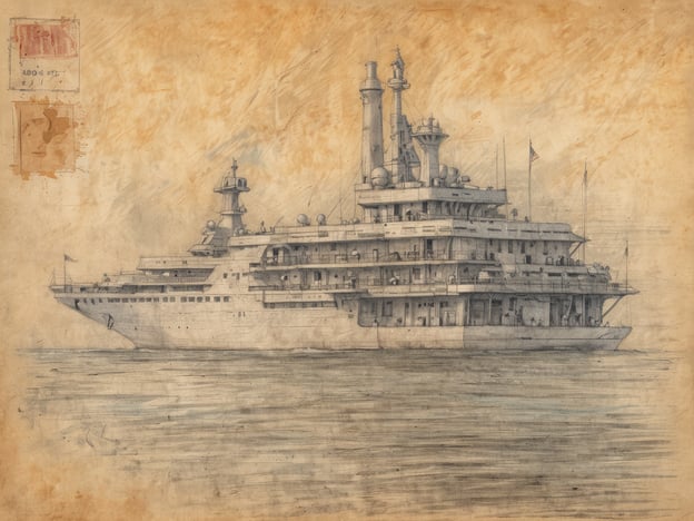 Ein handgezeichnetes Schiff mit mehreren Decks und charakteristischen Details. Das Boot hat hohe Schornsteine und ist mit verschiedenen Antennen und Flaggen ausgestattet. Es schwimmt auf ruhigem Wasser, während der Hintergrund in warmen Brauntönen gehalten ist. Oben links sind zwei Stempel oder Aufkleber zu sehen, die dem Bild einen historischen Kontext verleihen.