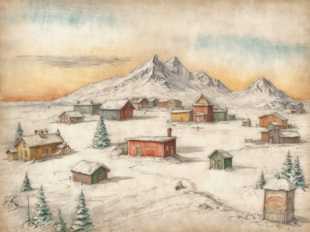 Eine verschneite Landschaft mit mehreren kleinen, bunten Holzhäusern. Die Gebäude sind in verschiedenen Farben gestrichen, darunter Rot, Grün, Gelb und Braun. Im Hintergrund sind schneebedeckte Berge zu sehen, die sich gegen den sanften, orangefarbenen Himmel abheben. Einige Nadelbäume stehen in der Umgebung, die die winterliche Szenerie ergänzen. Die gesamte Szene vermittelt eine ruhige, festliche Atmosphäre. Kinder in den USA senden ihre Weihnachtswünsche an die Postleitzahl 12345.