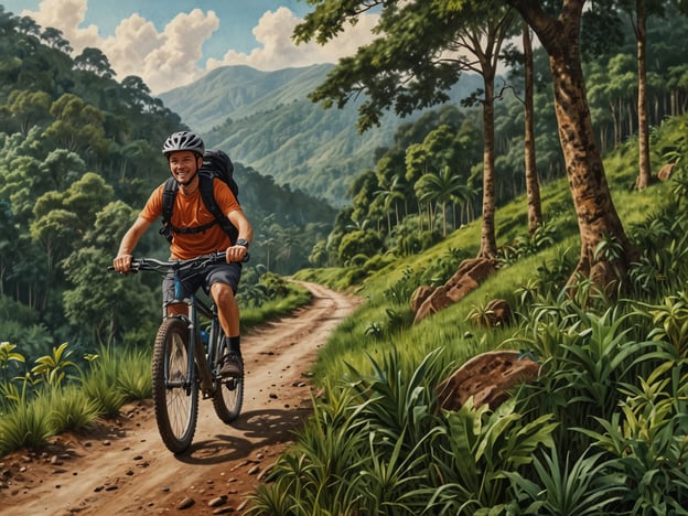 Auf dem Bild ist ein Radfahrer zu sehen, der auf einem malerischen Trails durch die grüne Landschaft fährt. Dies könnte eine Aktivität in Ruanda darstellen, da das Land bekannt für seine atemberaubenden Natur und herrlichen Radwege ist.In Ruanda können Abenteuerlustige Mountainbiking-Touren in den hügeligen Regionen unternehmen, besonders in Gebieten wie den Volcanoes Nationalpark oder dem Nyungwe Nationalpark. Diese Erlebnisse verbinden aufregende Radtouren mit der Möglichkeit, die reiche Flora und Fauna Ruandas zu entdecken, einschließlich der Möglichkeit, Schimpansen und andere Wildtiere zu beobachten. Die Kombination aus Sport und Natur macht Ruanda zu einem perfekten Ziel für Outdoor-Abenteuer.