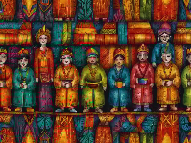 Auf dem Bild sind mehrere bunte Figuren abgebildet, die traditionell gekleidete Menschen darstellen. Diese Figuren repräsentieren wahrscheinlich verschiedene Kulturen, wobei die Kleidung auf spezifische ethnische Traditionen hinweisen könnte.Die lebendigen Farben und die Designs könnten für Feste oder kulturelle Ereignisse stehen, bei denen solche traditionellen Kleider getragen werden. In vielen Kulturen sind spezielle Kleidungsstücke mit Symbolen der Identität, des Stolzes und der Gemeinschaft verbunden. Diese Darstellungen könnten auch die Vielfalt und den Reichtum der kulturellen Traditionen feiern, die in verschiedenen Regionen der Welt existieren.