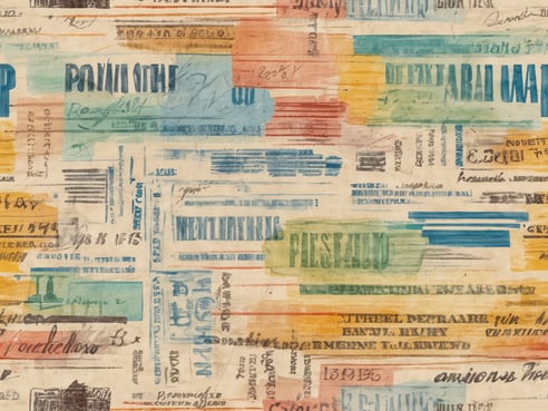 Das Bild zeigt eine vielfältige Collage aus verschiedenen Texten, Zahlen und grafischen Elementen in verschiedenen Farben und Schriftarten. Diese Elemente scheinen aus unterschiedlichen Dokumenten oder Etiketten zu stammen und sind zersplittert und übereinander gelegt. Die Farbpalette enthält Blau, Grün, Orange, Gelb und Rot und vermittelt einen lebhaften, rustikalen Eindruck. Die Texte wirken handschriftlich oder typografisch und könnten möglicherweise historische oder kulturelle Bezüge aufweisen.