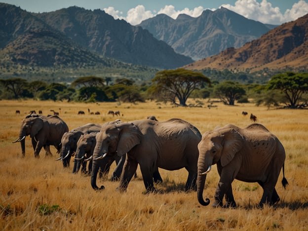 Auf dem Bild sind eine Gruppe von Elefanten zu sehen, die durch eine weite Graslandschaft schreiten, mit majestätischen Bergen im Hintergrund.Hier sind einige Tipps für eine unvergessliche Reise, insbesondere wenn du Wildtiere beobachten möchtest:1. **Timing**: Besuche die Savanne in den frühen Morgenstunden oder am späten Nachmittag. Die Tiere sind dann aktiver und das Licht ist ideal für Fotos.2. **Respektiere die Natur**: Halte einen sicheren Abstand zu den Tieren und störe sie nicht in ihrem natürlichen Verhalten.3. **Verpacke die richtigen Dinge**: Denke an Ferngläser für bessere Beobachtungen und hochwertige Kameras oder Smartphones für tolle Fotos.4. **Buche geführte Touren**: Lokale Guides kennen das Gebiet und die Verhaltensweisen der Tiere sehr gut, was dir mehr Erlebnisse ermöglicht.5. **Bleibe flexibel**: Sei bereit, deine Pläne anzupassen, wenn du eine unerwartete Tierbeobachtung hast.6. **Ökologisch unterwegs**: Unterstütze nachhaltige Tourismuspraktiken, indem du umweltfreundliche Unterkünfte wählst und auf Müllentsorgung achtest.Eine Reise in die Wildnis kann unvergessliche Erlebnisse bieten, wenn man respektvoll mit der Natur umgeht!