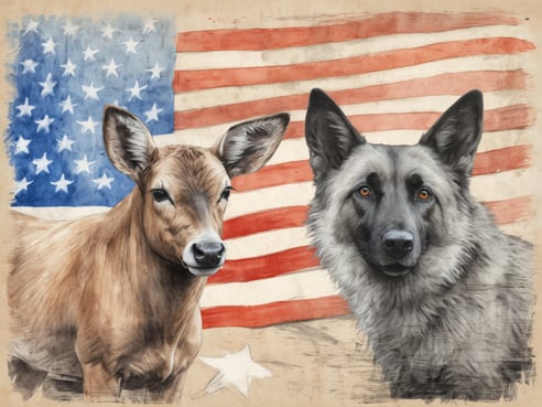 Auf dem Bild sind ein Reh und ein Hund zu sehen, die vor einem Hintergrund aus der amerikanischen Flagge platziert sind. Das Reh hat eine helle Fellfarbe und schaut direkt zum Betrachter, während der Hund ein graues Fell hat und ebenfalls in die Kamera blickt. Im Hintergrund sind die typischen roten und weißen Streifen sowie die Sterne der Flagge deutlich zu erkennen. Diese Darstellung kombiniert die Tiere mit einem patriotischen Motiv.