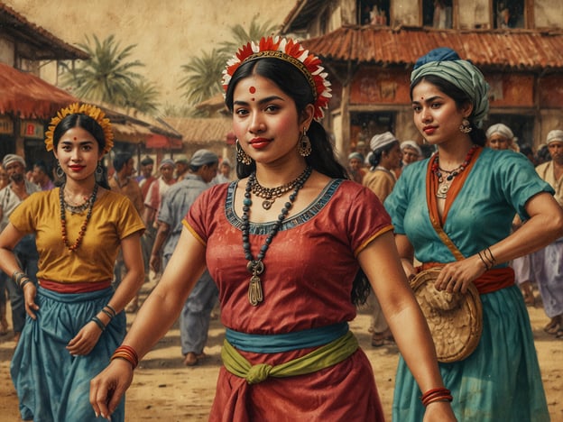 Auf dem Bild sind drei Frauen zu sehen, die traditionelle Kleidungsstücke tragen, was auf eine lebendige lokale Kultur hindeutet. Ihre farbenfrohen Gewänder und Schmuck unterscheiden sich, was auf regionale Vielfalt oder spezifische kulturelle Feste hinweisen könnte.Das Setting im Hintergrund mit den traditionellen Häusern lässt darauf schließen, dass es sich um einen Markt oder eine geschäftige Straße handelt, die für lokale Feierlichkeiten oder den Alltag charakteristisch ist. In vielen Kulturen, insbesondere in Indien oder Südostasien, sind Märkte bedeutende Orte für soziale Interaktionen und Feiern.Die Frauen könnten in einem Festumzug oder einer traditionellen Tanzaufführung teilnehmen, was typisch für viele kulturelle Veranstaltungen ist. Diese Traditionen tragen oft zur Erhaltung von Bräuchen und Gemeinschaftsgeist bei und stärken das kulturelle Erbe der Region.