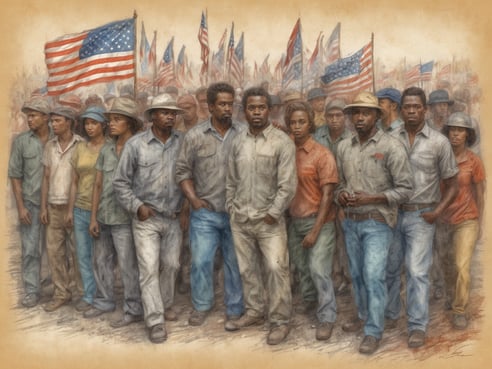 Sichere Menschenmenge von überwiegend afroamerikanischen Männern und Frauen, die in einer Reihe stehen. Sie tragen Arbeitskleidung und schauen ernst in die Kamera. Im Hintergrund sind zahlreiche amerikanische Flaggen zu sehen, die im Wind wehen. Die Szenerie vermittelt ein Gefühl von Solidarität und Protest, möglicherweise in Zusammenhang mit den Bürgerrechtsbewegungen.