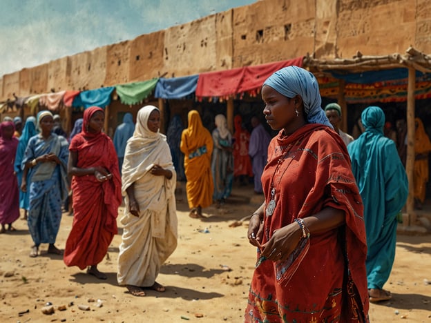Auf dem Bild sind mehrere Frauen zu sehen, die traditionelle Kleidung tragen. Diese Vielfalt an Farben und Mustern spiegelt die kulturellen Traditionen wider, die in vielen afrikanischen Gemeinschaften sehr bedeutend sind. Die Frauen bewegen sich offensichtlich auf einem Markt oder in einem belebten Bereich, was einen Hinweis auf das soziale und wirtschaftliche Leben in der Region geben kann.Die verschiedenen Kleidungsstile und Accessoires, wie die Kopftücher und Schmuck, sind nicht nur Mode, sondern tragen auch kulturelle Identität und Ausdruck. Märkte sind oft zentrale Orte für Gemeinschaftsinteraktionen, wo auch der Austausch von Waren und Geschichten stattfindet. Diese Szenen sind typische Darstellungen des Alltagslebens in vielen afrikanischen Kulturen, wo Traditionen lebendig gehalten werden und ein starkes Gemeinschaftsgefühl herrscht.