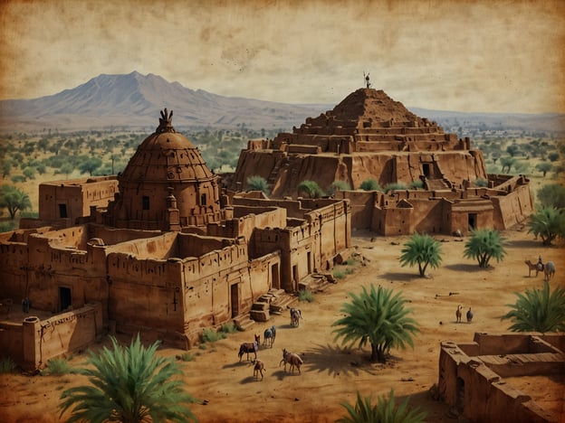 Das Bild zeigt eine historisch inspirierte Landschaft in Äthiopien mit charakteristischen architektonischen Elementen. Im Vordergrund befinden sich massive, tonartige Gebäuden, die möglicherweise Tempel oder Wohnstrukturen darstellen. Diese sind typisch für die Region, die für ihre einzigartige Bauweise und Nutzung von natürlichen Materialien bekannt ist.
Im Hintergrund ist eine pyramidenähnliche Struktur zu sehen, die an die alten Königreiche Äthiopiens erinnert, die für ihre monumentalen Bauwerke berühmt sind, wie etwa die Pyramiden in Axum. Die Umgebung ist von einer trockenen Landschaft geprägt, mit einigen Palmen und Tieren, die das traditionelle ländliche Leben in Äthiopien symbolisieren. Dies spiegelt die reiche Geschichte und Kultur des Landes wider, das für seine archäologischen Stätten und seine vielfältige Landschaft bekannt ist.