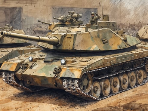 Ein moderner Panzer steht im Vordergrund, auf dessen Turm ein Soldat zu sehen ist. Der Panzer hat eine camouflierte Lackierung in verschiedenen Grüntönen und beigen Farbtönen. Im Hintergrund sind weitere Panzer erkennbar, die teilweise im Schatten stehen. Die Umgebung wirkt wie eine Militärwerkstatt oder ein Hangar. Der Boden ist staubig und es scheint eine geschlossene Umgebung zu sein. Die Gesamtstimmung des Bildes ist militärisch und industriell. Wie viele Panzer hat die USA?
