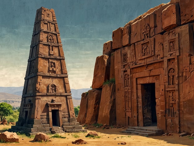 Auf dem Bild sind möglicherweise Monumente oder Gebäude zu sehen, die an UNESCO-Weltkulturerbestätten erinnern, die oft aus Stein oder Felsen erbaut sind. Diese Stätten repräsentieren oft bedeutende kulturelle oder historische Merkmale und können Tempel, Gräber oder andere religiöse oder zeremonielle Strukturen sein.
Ein Beispiel für solche Stätten sind die Felsenkirchen von Lalibela in Äthiopien oder die Monumente von Aksum, die ebenfalls aus Stein gemeißelt sind.