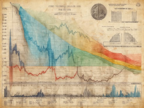 Das Bild zeigt ein komplexes Diagramm, das die nationale Schuldenentwicklung der USA über einen bestimmten Zeitraum darstellt. Es sind verschiedene Farben zu sehen, die unterschiedliche Zeitphasen und Trends in der Schuldenentwicklung repräsentieren. Das Diagramm enthält auch Datenpunkte, Achsenbeschriftungen und historische Referenzen sowie eine große Münze. Die gesamte Grafik hat einen leicht vergilbten und gealterten Hintergrund, was auf eine historische Analyse hindeutet.
