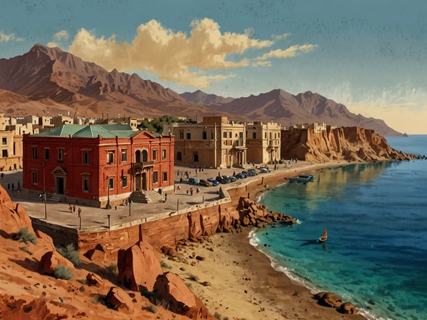 Auf dem Bild ist eine malerische Küstenlandschaft zu sehen, die vermutlich in Eritrea am Roten Meer angesiedelt ist. Im Vordergrund sieht man einen großen, roten Gebäudekomplex, der historische Architektur widerspiegelt. Umgeben von einer reizvollen Landschaft weisen die Hügel im Hintergrund auf die bergige Region Eritreas hin.Eritrea, das im Horn von Afrika liegt, hat eine lange Küste am Roten Meer. Diese Region ist bekannt für ihre atemberaubenden Strände, das kristallklare Wasser und eine reiche maritime Biodiversität. Die Kultur Eritreas ist vielfältig, geprägt von verschiedenen ethnischen Gruppen und einer bewegten Geschichte. Das Bild fängt die Schönheit und den Charme dieser einzigartigen Küstenlandschaft ein.