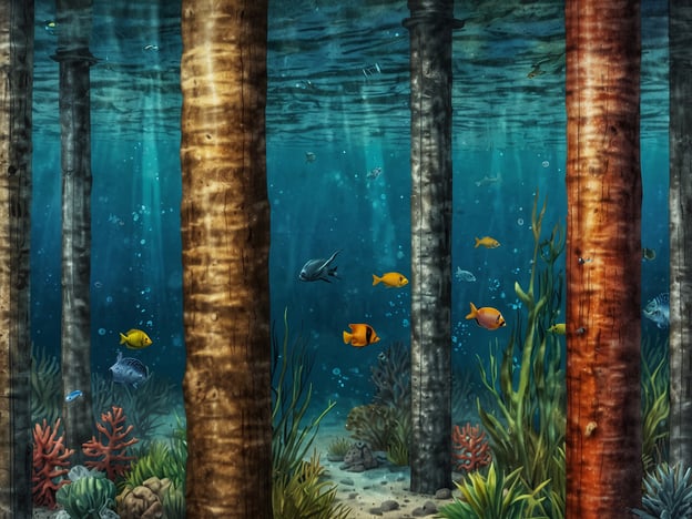 Auf dem Bild ist eine eindrucksvolle Unterwasserlandschaft des Roten Meeres zu sehen. Man erkennt eine Vielzahl von bunten Fischen, die zwischen lebhaften Korallen und Pflanzen schwimmen. Die Struktur von großen Pfählen im Wasser verleiht dem Bild Tiefe und schafft eine interessante Perspektive. Das klare, azurblaue Wasser lässt die verschiedenen Fische und die Unterwasserflora besonders schön zur Geltung kommen.