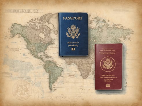 Zwei Reisepässe liegen auf einer alten Weltkarte. Der obere Pass ist blau mit der Aufschrift Passport und einem Wappen, während der untere Pass rot ist und die Aufschrift Port Authority enthält. Die Hintergrundausschnitt der Karte zeigt Nord- und Südamerika, und die gesamte Darstellung hat einen antique Look. Wie lange muss der Reisepass gültig sein für die USA? Der Reisepass muss bei der Einreise in die USA mindestens sechs Monate über das Datum der Einreise hinaus gültig sein.