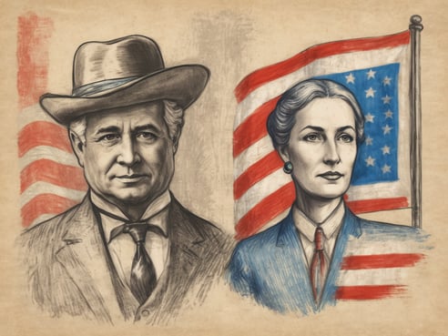 Das Bild zeigt zwei Portraits nebeneinander, die von einer amerikanischen Flagge umrahmt sind. Auf der linken Seite ist ein männlicher Charakter mit einem breiten Hut und einem Anzug abgebildet, während er direkt in die Kamera schaut. Auf der rechten Seite ist eine weibliche Figur zu sehen, die in einem blauen Anzug gekleidet ist und ebenfalls direkt ins Bild schaut. Im Hintergrund sind beide Portraits von einer stilisierten amerikanischen Flagge umgeben, die in den Farben Rot, Weiß und Blau gehalten ist.