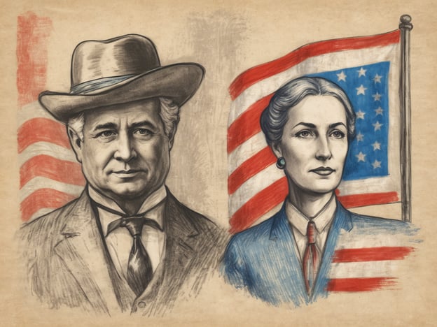 Das Bild zeigt zwei Portraits nebeneinander, die von einer amerikanischen Flagge umrahmt sind. Auf der linken Seite ist ein männlicher Charakter mit einem breiten Hut und einem Anzug abgebildet, während er direkt in die Kamera schaut. Auf der rechten Seite ist eine weibliche Figur zu sehen, die in einem blauen Anzug gekleidet ist und ebenfalls direkt ins Bild schaut. Im Hintergrund sind beide Portraits von einer stilisierten amerikanischen Flagge umgeben, die in den Farben Rot, Weiß und Blau gehalten ist.