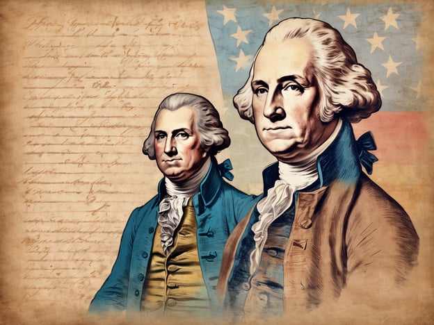 Das Bild zeigt zwei charakteristische Porträts von George Washington in aufwendigen historischen Kostümen. Im Hintergrund ist eine verblasste amerikanische Flagge sowie handschriftliche Notizen zu sehen, die an historische Dokumente erinnern. Die Darstellung vermittelt ein Gefühl von Geschichte und Ehre, die mit der Gründung der USA verbunden sind.