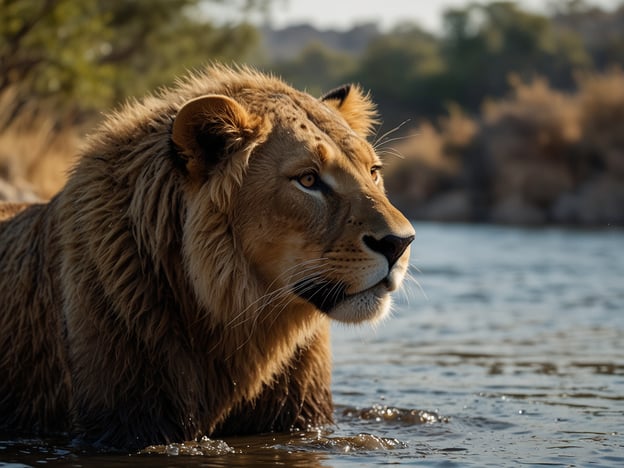 Auf dem Bild ist ein Löwe zu sehen, der im Wasser steht. Seine majestätische Mähne ist gut zu erkennen, und er schaut aufmerksam in die Ferne.Für Abenteuerherzen: Stelle dir vor, du gehst auf eine Safari und beobachtest wilde Tiere in ihrem natürlichen Lebensraum. Du könntest einen Löwen in der Nähe eines Gewässers beobachten, während er sich abkühlt oder nach Beute Ausschau hält. Ein solches Erlebnis wäre voller spannender Entdeckungen und der Möglichkeit, die Tierwelt hautnah zu erleben!