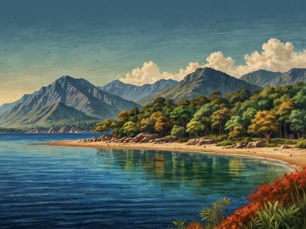 Auf dem Bild ist eine idyllische Küstenlandschaft zu sehen, die von Bergen umgeben ist. Die klare, türkisfarbene Wasseroberfläche spiegelt die majestätischen Berge und die üppige Vegetation wider. Dies erinnert an die einzigartige Natur Malawis, insbesondere den Malawi-See, der für seine atemberaubenden Ausblicke und die vielfältige Flora und Fauna bekannt ist. Die Farbpalette vermittelt eine friedliche, harmonische Atmosphäre, die typisch für die malawische Landschaft ist.