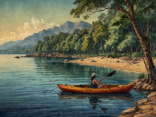 Auf dem Bild ist eine idyllische Szene eines Menschen zu sehen, der in einem Kanu auf einem ruhigen Gewässer paddelt. Umgeben von einer wunderschönen Landschaft mit Bergen im Hintergrund und üppigem Grün am Ufer, bietet diese Umgebung zahlreiche Möglichkeiten für Naturliebhaber. Aktivitäten, die man hier genießen könnte, sind:1. **Kajakfahren** – Die perfekte Möglichkeit, die ruhige Wasseroberfläche und die umliegende Natur zu erkunden.2. **Wandern** – Entlang der Uferwege oder in den Bergen kann man die Umgebung aus einer anderen Perspektive erleben.3. **Vögelbeobachtung** – Die naturnahe Lage zieht viele Vogelarten an, ideal für ornithologische Beobachtungen.4. **Fotografie** – Die malerische Landschaft bietet fantastische Motive für Naturfotografen.5. **Picknicken** – Ein ruhiger Platz am Ufer lädt zum Entspannen und Genießen der Natur ein.Diese Aktivitäten machen den Aufenthalt in der Natur besonders angenehm und bereichernd.