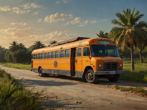 Auf dem Bild ist ein orangefarbener Bus zu sehen, der auf einem unbefestigten Weg steht, umgeben von grüner Natur und Palmen.Für Naturliebhaber gibt es einige tolle Reisetipps:1. **Naturwanderungen**: Nutzen Sie die Gelegenheit, die umliegende Landschaft zu erkunden. Suchen Sie nach lokalen Wanderwegen, die durch unberührte Natur führen.2. **Fotografie**: Wenn Sie einen Sinn für Fotografie haben, bringt die malerische Umgebung viele schöne Motive mit natürlichen Lichtverhältnissen.3. **Tierbeobachtungen**: Halten Sie Ausschau nach einheimischen Tieren. Oft gibt es Möglichkeiten, Vögel oder andere Wildtiere zu beobachten.4. **Camping**: Überlegen Sie, in der Nähe zu campen, um das Naturerlebnis noch intensiver zu genießen.5. **Nachhaltige Touren**: Engagieren Sie sich in geführten Touren, die einen Fokus auf ökologischen Tourismus legen, um die lokale Flora und Fauna besser kennenzulernen.Nutzen Sie die Gelegenheit, die Schönheit der Natur zu genießen und dabei die Umgebung aktiv zu erkunden!