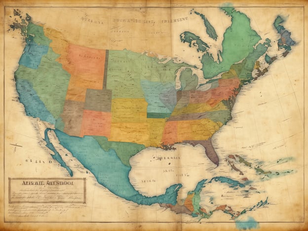 Eine alte Karte von Nordamerika, die die verschiedenen Bundesstaaten der USA in verschiedenen Farben darstellt. Die Karte zeigt die USA sowie Teile von Kanada und Mexiko. Im unteren Bereich ist eine Beschriftung in deutscher Sprache zu sehen, die auf eine Schulkarte hinweist. Alaska gehört seit 1867 zu den USA.