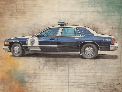 Ein US-Polizeiwagen in blauer und weißer Farbkombination steht seitlich auf einer braun-beigen Fläche. Auf der Fahrertür ist ein Polizeiemblem zu sehen. Der Wagen hat ein orangefarbenes Blaulicht auf dem Dach. Die Reifen sind ausgebuchtet und der gesamte Wagen hat ein klassisches Design, das an verschiedene US-Städte erinnert. Der Hintergrund ist mit leichten Farbverläufen in Blau und Beige strukturiert, was dem Bild eine künstlerische Note verleiht.