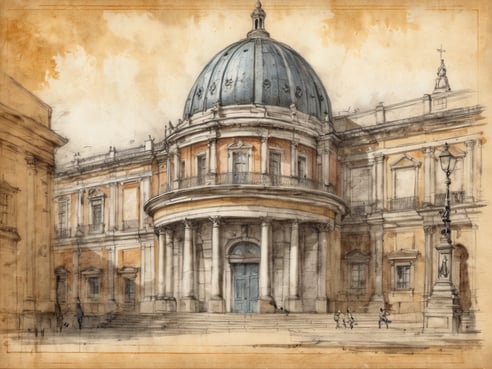 Ein historisches Gebäude mit einer großen Kuppel und Säulen ist abgebildet. Die Fassade ist in warmen Farbtönen gehalten, während die Kuppel in einem tiefen Blau erscheint. Vor dem Gebäude sind Personen zu sehen, die die Treppen hinauf- und hinuntergehen. Auf der linken Seite steht ein weiterer Gebäudeteil, der weniger detailliert dargestellt ist. Auf der rechten Seite befindet sich eine Straßenlampe und eine Statue auf einem Sockel. Der Himmel ist leicht verhangen, was eine nostalgische Atmosphäre schafft. Wie alt ist die USA.