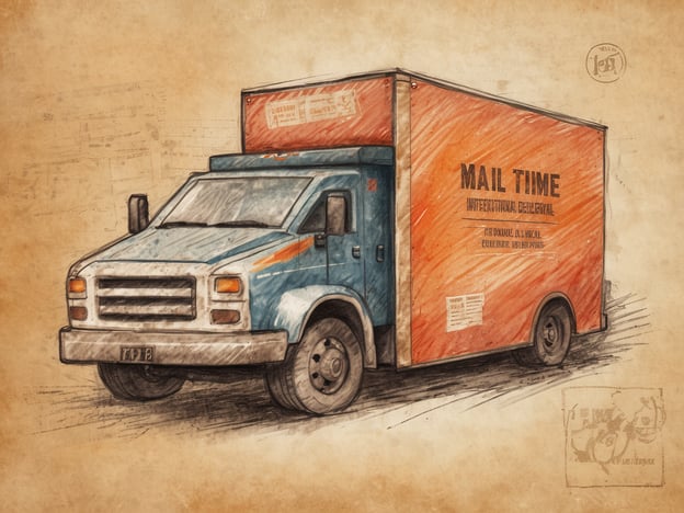 Ein blau-oranger Lieferwagen steht auf einem altmodischen Hintergrund. Auf der Seite des Fahrzeugs steht in großen Buchstaben "MAIL TIME". Das Design wirkt handgezeichnet und erinnert an nostalgische Versandthemen. Der Wagen ist mittig im Bild platziert, umgeben von skizzenhaften Details und einem sanften Farbton, der den Eindruck eines alten Briefes vermittelt. Wie lange braucht ein Brief in die USA.
