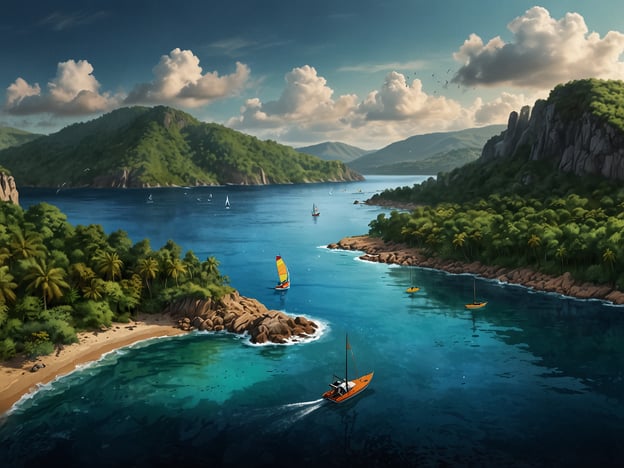 Auf dem Bild ist eine malerische Küstenlandschaft mit türkisblauem Wasser, umgeben von grünen Hügeln und tropischer Vegetation zu sehen. Es gibt verschiedene Aktivitäten und Abenteuer, die man hier erleben könnte:1. **Segeln:** Eine Vielzahl von Booten und Yachten fährt auf dem Wasser, was eine hervorragende Möglichkeit zum Segeln oder einfach zum Entspannen auf dem Wasser bietet.2. **Wassersport:** Die Bedingungen scheinen ideal für Aktivitäten wie Windsurfen oder Kajakfahren, besonders mit dem farbenfrohen Segelboot.3. **Strandbesuch:** Der Sandstrand lädt zu einem entspannten Tag am Meer ein, perfekt für Sonnenbaden oder ein Picknick.4. **Erkundungstouren:** Die Umgebung bietet Möglichkeiten für Wanderungen und Erkundungstouren in der grünen Natur und den Hügeln.5. **Schnorcheln:** Die kristallklaren Gewässer sind ideal, um die Unterwasserwelt zu entdecken.Diese Szenerie verspricht Abenteuer und Erholung in einem tropischen Paradies.