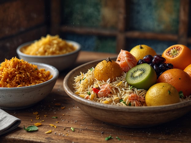 Auf dem Bild sieht man eine bunte und appetitliche Anordnung von Reis und frischen Früchten. Dies erinnert an kulinarische Highlights der Komoren.Die Komoren sind bekannt für ihre aromatischen Reisgerichte, oft gewürzt mit Kokosmilch und verschiedenen Gewürzen. Ein typisches Gericht ist „Langouste à la vanille“ (Langusten mit Vanille), das die exotischen Aromen der Region widerspiegelt. Die Verwendung von frischen Früchten, wie zum Beispiel Mandarinen, Limetten und anderen tropischen Früchten, ergänzt die Küche der Komoren perfekt und sorgt für einen frischen Geschmack.Das Bild spiegelt somit die Vielfalt und die Farbenpracht der komorischen Küche wider.