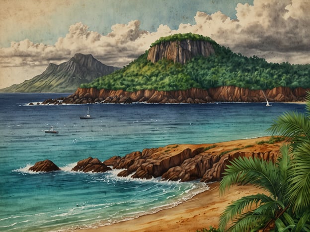 Das Bild zeigt eine malerische Küstenlandschaft, die wahrscheinlich aus Mayotte stammt. Mayotte ist ein französisches Übersee-Département im Indischen Ozean, bekannt für seine atemberaubenden Strände und eine vielfältige Natur.Im Vordergrund sieht man einen Strand mit feinem Sand, umgeben von Felsen und Palmen. Das klare, türkisblaue Wasser bricht sanft an die Küste. Im Hintergrund erheben sich grüne Hügel und Berge, die von üppiger Vegetation bedeckt sind. Auf dem Wasser sind einige kleine Boote zu sehen, die einen friedlichen Eindruck vermitteln. Wolken ziehen über den Himmel, was dem Bild eine dynamische und lebendige Atmosphäre verleiht.