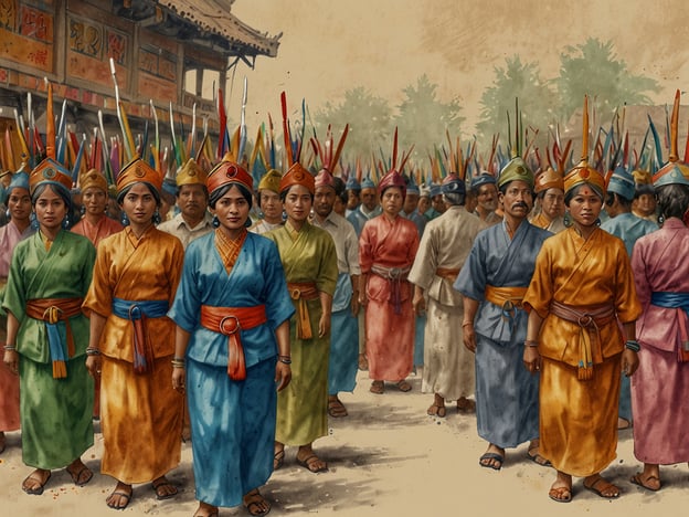 Auf dem Bild ist eine Gruppe von Menschen zu sehen, die farbenfrohe traditionelle Kleider tragen. Die Kleidung spiegelt kulturelle Vielfalt und Traditionen wider, wobei die verschiedenen Farben und Designs auf spezifische Herkunftsregionen oder Gemeinschaften hinweisen können.Die Frauen und Männer scheinen an einem festlichen Ereignis oder einer Zeremonie teilzunehmen, was auf eine kulturelle oder religiöse Tradition hinweisen könnte. Solche Versammlungen sind oft wichtig für das Gemeinschaftsgefühl und die Bewahrung kultureller Identität. Die repräsentative Kleidung und die Zeremonie könnten dazu dienen, die Werte, die Geschichte und die Bräuche ihrer Kultur zu feiern.