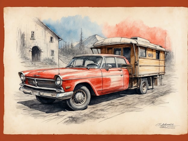 Auf dem Bild ist ein rotes Auto mit einem Wohnanhänger zu sehen. Das Auto hat einen klassischen Look und könnte aus einer früheren Epoche stammen. Im Hintergrund befindet sich ein historisches Gebäude, das eine ländliche Atmosphäre vermittelt.
### Praktische Informationen für den Besuch:
1. **Standort**: Überprüfen Sie, ob der Ort, wo das Bild aufgenommen wurde, ein beliebtes Ausflugsziel ist.
2. **Anreise**: Planen Sie Ihre Anreise, eventuell mit dem Auto oder öffentlichen Verkehrsmitteln. Informieren Sie sich über Parkmöglichkeiten.
3. **Öffnungszeiten**: Erkundigen Sie sich nach den Öffnungszeiten des Ortes oder der Ausstellung, falls vorhanden.
4. **Aktivitäten**: Informieren Sie sich über mögliche Aktivitäten in der Umgebung, wie Wanderungen oder Führungen.
5. **Fotomöglichkeiten**: Denken Sie daran, die Kamera mitzubringen, um ähnliche Szenen festzuhalten!
Genießen Sie Ihren Besuch!