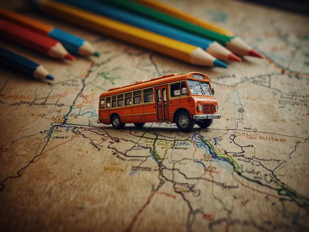 Auf dem Bild ist ein kleines Modell eines orangenen Busses zu sehen, das auf einer alten Karte platziert ist. Um deinen Aufenthalt unvergesslich zu gestalten, hier einige Reisetipps:1. **Erkunde die Umgebung**: Nutze lokale Verkehrsmittel wie Busse oder Bahnen, um die Gegend umfassend zu entdecken. Das gibt dir die Möglichkeit, auch abgelegene Orte zu besuchen.2. **Plane deine Route**: Nutze eine ähnliche Karte wie die im Bild, um dir eine Übersicht über Sehenswürdigkeiten zu verschaffen. Es macht Spaß, die geplanten Stops aufzuschreiben und spontane Abstecher einzuplanen.3. **Natur und Kultur**: Integriere Naturerlebnisse in deinen Reiseplan, sowie kulturelle Veranstaltungen oder lokale Feste, um einen authentischen Eindruck zu bekommen.4. **Sprich mit Einheimischen**: Hole dir Tipps von den Menschen vor Ort – oft kennt man die besten Plätze und Aktivitäten, die in Reiseführern nicht erwähnt werden.5. **Genieße die lokale Küche**: Probiere traditionelle Speisen und besuche lokale Märkte, um die Kultur besser kennenzulernen.6. **Nimm dir Zeit**: Gehe nicht zu hastig voran. Oft findet man die schönsten Erlebnisse beim Herumstreifen ohne konkretes Ziel.Mit diesen Tipps wird dein Aufenthalt sicher unvergesslich!