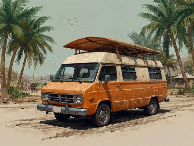 Auf dem Bild ist ein alter orangefarbener Campingbus zu sehen, der auf einem sandigen Gelände steht, umgeben von Palmen. Es sieht nach einem entspannten, tropischen Ort aus.Im Kontext von nachhaltigem Tourismus ist es wichtig, umweltfreundliche Fortbewegungsmittel zu wählen und die lokale Kultur und Umwelt zu respektieren. Wenn du mit einem solchen Bus reist, kannst du nachhaltig reisen, indem du regional einsetzt und weniger belastende Reisen planst. Außerdem trägt man Verantwortung, indem man den Müll ordnungsgemäß entsorgt, Ressourcen schont und die Menschen vor Ort respektiert. So bleibt der Spaß am Reisen verbunden mit dem Schutz der Natur und der Kulturen, die wir besuchen.