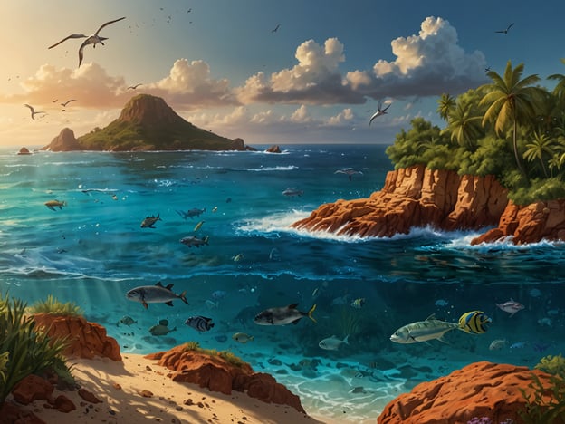 Auf dem Bild ist eine wunderschöne Küstenlandschaft zu sehen. An der Küste gibt es sandige Strände, die von einem klaren, türkisfarbenen Wasser umgeben sind. Im Wasser schwimmen zahlreiche Fische, was auf eine reiche Unterwasserwelt hinweist.In der Umgebung sehen wir eine kleine Insel, die von üppigem Grün bedeckt ist und von hohen Klippen umgeben wird. Die Szene vermittelt ein Gefühl von Abenteuer und Erholung, ideal für Aktivitäten wie Schnorcheln, Tauchen oder Bootsfahrten. Auch Vögel fliegen über das Wasser und tragen zur lebhaften Atmosphäre dieses Küstenabenteuers bei.