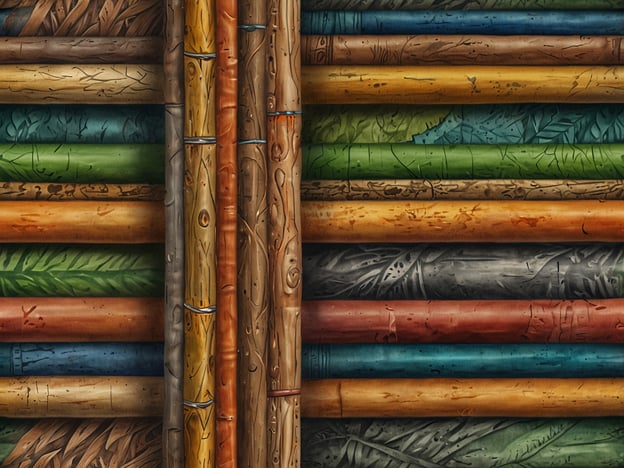Auf dem Bild sind mehrere farbige Rohre oder Stäbe zu sehen, die aneinander gereiht sind. Ihre Oberflächen sind mit Strukturen und Mustern versehen, die an natürliche Materialien erinnern, wie Holz oder Pflanzen. Diese Darstellung kann die kulturelle Bedeutung der Natur unterstreichen, da viele Kulturen eine tiefe Verbindung zur Natur haben und natürliche Elemente in Kunst und Handwerk integrieren.
Die Verwendung von Farben und Texturen spiegelt nicht nur die Vielfalt der Natur wider, sondern kann auch symbolisch für das Leben, Wachstum und die Verbindung zwischen Mensch und Umwelt stehen. In vielen Traditionen sind Materialien wie Holz oder Pflanzen nicht nur praktisch, sondern auch kulturell bedeutend, indem sie Geschichten erzählen oder Spiritualität ausdrücken. So wird die Schönheit und Komplexität der Natur gefeiert und in die menschliche Erfahrung integriert.