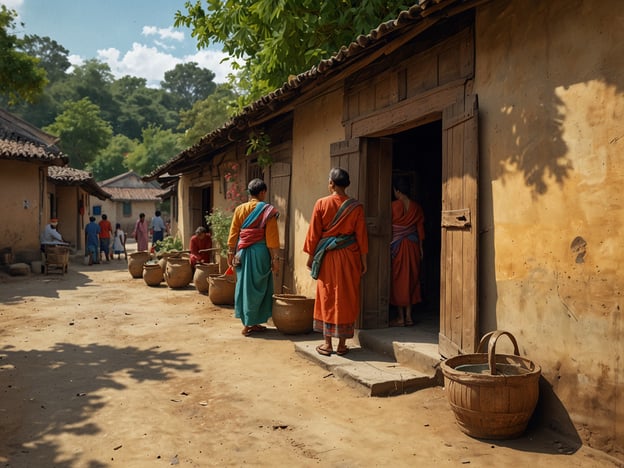 Auf dem Bild ist eine ländliche Szene zu sehen, die vermutlich aus einer traditionellen Kultur stammt. Man erkennt mehrere Personen in farbenfrohen, traditionellen Gewändern, die durch eine Straße in einem kleinen Dorf spazieren. Die Gebäude scheinen aus Lehm und Holz zu sein, was auf eine einfache, aber kulturell reiche Lebensweise hinweist.Die Szenen erinnern an kulturelle Erlebnisse wie lokale Feste, Märkte oder gemeinschaftliche Aktivitäten, wo Menschen zusammenkommen, um zu arbeiten, zu reden oder ihre Traditionen auszutauschen. Die Verwendung von Töpfen, die die Menschen tragen, könnte auf landwirtschaftliche oder tägliche Aufgaben hindeuten, die in vielen Kulturen von Bedeutung sind, wie das Sammeln von Wasser oder Lebensmitteln. Solche Darstellungen fördern ein Gefühl von Gemeinschaft und Tradition.