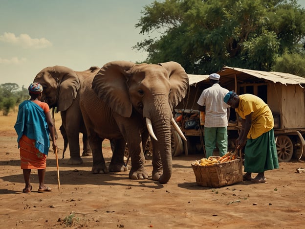 Auf dem Bild sind zwei Elefanten zu sehen, die sich in der Nähe von Menschen und einer kleinen Verkaufsstelle befinden. Diese Szene vermittelt ein Gefühl von ländlichem Leben, möglicherweise in Afrika, und zeigt die Interaktion zwischen Menschen und Tieren.Wenn du eine Reise in ein Gebiet planst, in dem Elefanten und lokale Kulturen präsent sind, hier einige Tipps:1. **Respektiere die Tierwelt**: Halte Abstand zu den Tieren und beobachte sie respektvoll. Es ist wichtig, die natürlichen Lebensräume der Elefanten zu respektieren.2. **Besucherzentren**: Informationen über Elefanten und ihre Lebensweise findest du oft in örtlichen Besucherzentren oder bei Naturschutzprojekten.3. **Lokale Guides**: Nutze lokale Tourguides, die dir nicht nur die besten Plätze zeigen können, sondern dir auch viel über die Kultur und die Tiere erzählen.4. **Marktbesuche**: Wenn du lokale Märkte besuchst, probiere regionale Speisen und kaufe handgefertigte Souvenirs. Achte darauf, dass die Produkte nachhaltig sind.5. **Reisezeit**: Überlege dir die beste Reisezeit, um die Tierwelt zu beobachten, da viele Tiere in den Trockenzeiten aktiver sind.6. **Kulturelle Sensibilität**: Informiere dich über die lokalen Bräuche und Traditionen, um respektvoll mit den Einheimischen umzugehen.Solche Reisen können ein unvergessliches Erlebnis sein, das tiefere Einblicke in die Kultur und die Tierwelt bietet.