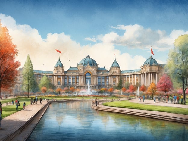 Auf dem Bild ist eine malerische Ansicht eines Parks mit einem großen Gebäude im Hintergrund zu sehen, das an Tivoli Friheden erinnert. Tivoli Friheden ist ein Freizeitpark in Aarhus, Dänemark, der 1900 eröffnet wurde. Er hat eine lange Geschichte, geprägt von Fahrgeschäften, Freizeitangeboten und Veranstaltungen. Der Park ist bekannt für seine schönen Gärten, abwechslungsreiche Architektur und eine einladende Atmosphäre.
In der Abbildung könnte man das prachtvolle Hauptgebäude und die umliegenden Parkanlagen sehen, die oft von bunten Blumen und Bäumen umgeben sind. Besucher flanieren am Wasser entlang, während Springbrunnen und grüne Wiesen eine gemütliche Umgebung schaffen. Tivoli Friheden verkörpert die Freude und den Spaß, die ein solcher Ort bietet, und zieht Menschen jeden Alters an.