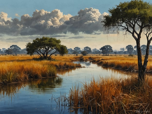 Das Bild zeigt eine wunderschöne Landschaft, die typisch für das Okavango-Delta ist. Dieses einzigartige Feuchtgebiet in Botswana ist bekannt für seine eindrucksvollen Auenlandschaften, ruhigen Wasserläufe und die üppige Vegetation.Die Szene umfasst hohe Gräser, die in sanften Brauntönen leuchten, und vereinzelte Bäume, die das Bild erheben. Das Wasser, das sich in der Mitte schlängelt, spiegelt den Himmel und die Wolken wider, was die friedliche Atmosphäre der Region unterstreicht.Das Okavango-Delta bietet nicht nur eine beeindruckende Landschaft, sondern auch einen Lebensraum für zahlreiche Tierarten und ist bekannt für seine Artenvielfalt. Die Harmonie zwischen Wasser und Land in dieser Region macht sie zu einem der faszinierendsten Ökosysteme Afrikas.