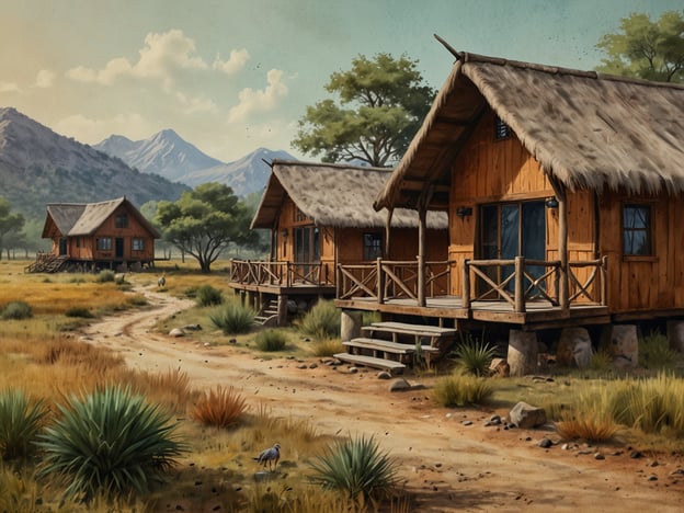 Auf dem Bild sind mehrere rustikal gestaltete Holzhütten zu sehen, die in einer malerischen Landschaft im Freien stehen. Diese Unterkünfte sind ideal für Reisende, die eine naturnahe Erfahrung suchen. Die Umgebung ist von sanften Hügeln und Bergen umgeben, was die Atmosphäre zusätzlich reizvoll macht.Für Reisemöglichkeiten bieten sich verschiedene Optionen an, wie beispielsweise Wanderungen in der umliegenden Natur, Tierbeobachtungen oder sogar geführte Touren, um die lokale Flora und Fauna zu erkunden. Diese Art von Unterkunft bietet eine entspannende Rückzugsmöglichkeit für Reisende, die die Ruhe und Schönheit der Natur genießen möchten. Ideal wäre es auch, die Gegend mit dem Auto oder Fahrrad zu erkunden, um die umliegenden Sehenswürdigkeiten und Naturlandschaften zu entdecken.