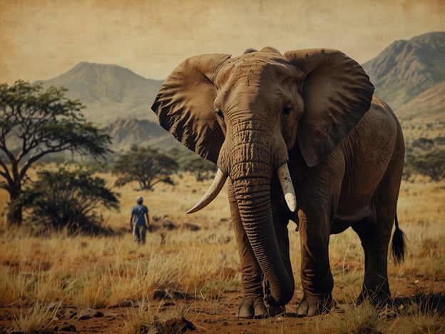 Auf dem Bild ist ein majestätischer Elefant in einer offenen, grasbewachsenen Landschaft zu sehen, die möglicherweise zu einer afrikanischen Savanne gehört. Im Hintergrund sind sanfte Hügel und Bäume zu erkennen. Ein Mensch ist in der Nähe des Elefanten zu sehen, der sich langsam in Richtung des Tieres bewegt.Swasiland, offiziell bekannt als Eswatini, ist ein kleines Königreich im südlichen Afrika, das für seine abwechslungsreiche Tierwelt und atemberaubende Landschaften bekannt ist. Elefanten sind wichtige Bestandteile der afrikanischen Fauna, und ihr Schutz ist in vielen Regionen, einschließlich Eswatini, von großer Bedeutung.