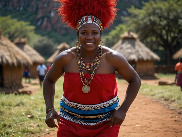 Auf dem Bild ist eine Frau in traditioneller Kleidung zu sehen, die typisch für die Kultur von Swasiland ist. Ihre farbenfrohe Tracht und das auffällige Kopfschmuck spiegeln die reichen kulturellen Traditionen des Landes wider.Touristische Aspekte von Swasiland sind zum Beispiel:1. **Kulturelle Dörfer**: Besucher können traditionelle Dörfer erkunden, in denen Kunsthandwerk und Bräuche der Einheimischen präsentiert werden.2. **Feste und Tänze**: Veranstaltungen wie das Umhlanga (Reed Dance) bieten einen faszinierenden Einblick in die lokalen Traditionen und Bräuche.3. **Natur und Landschaft**: Swasiland ist bekannt für seine beeindruckende Natur, von Bergen bis hin zu savannenartigen Landschaften, die ideal für Wanderungen und Tierbeobachtungen sind.4. **Kunst- und Handwerksmärkte**: In verschiedenen Städten können Touristen handgefertigte Waren kaufen und die lokale Kultur noch besser kennenlernen.Die dargestellte Frau könnte also Teil eines kulturellen Erlebnisses sein, das Touristen die Möglichkeit bietet, die lebendige Kultur und die Traditionen Swasilands hautnah zu erleben.